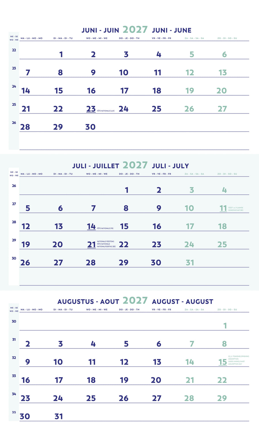 3-Maandkalender 2026 Brepols 30x60cm