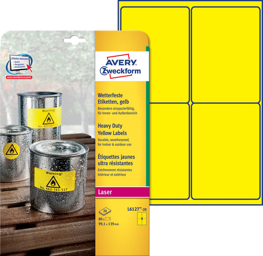 Etiket Avery L6127-20 99.1x139mm geel 80stuks
