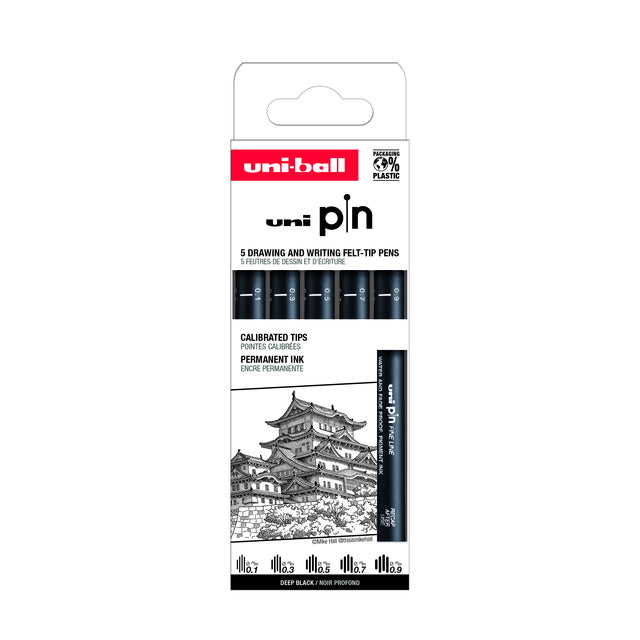 Fineliner Uni-ball Pin ASP008 set à 5 breedtes zw
