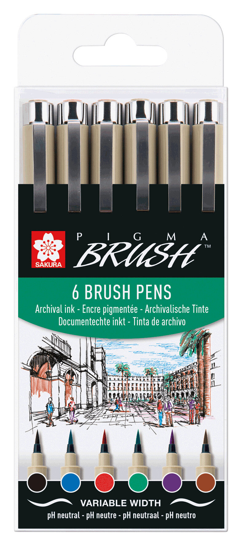 Brushpen Sakura Pigma Brush set 6 stuks zwart
