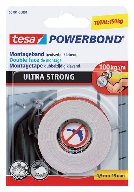 Plakband tesa Ultra Strong dubbelz 1.5mx19mm wit