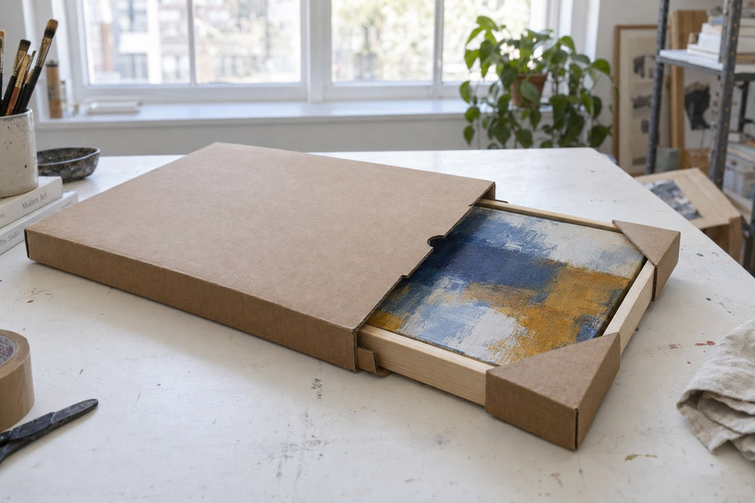 Schilderij inpakken en versturen met karton, hoekbeschermers en folie