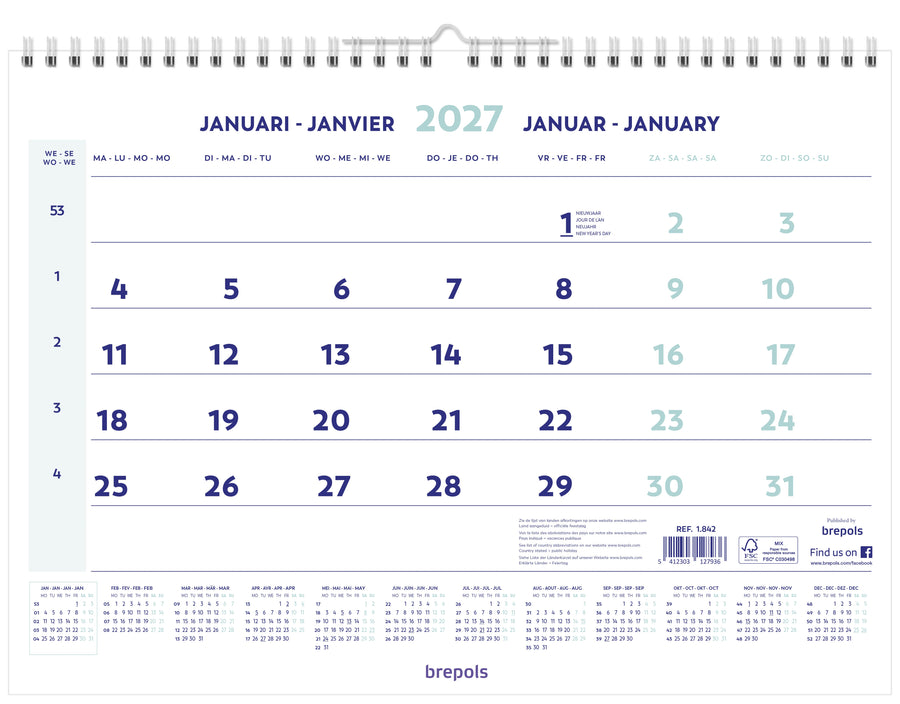 1-Maandskalender 2026 Brepols 43x31.5cm