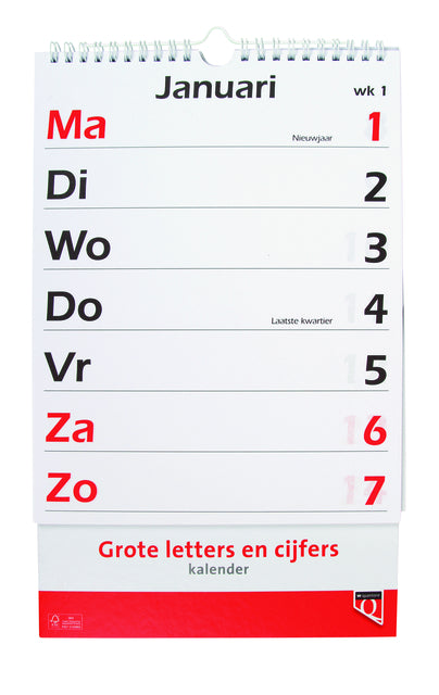Kalender 2026 met grote letters En cijfers Qua