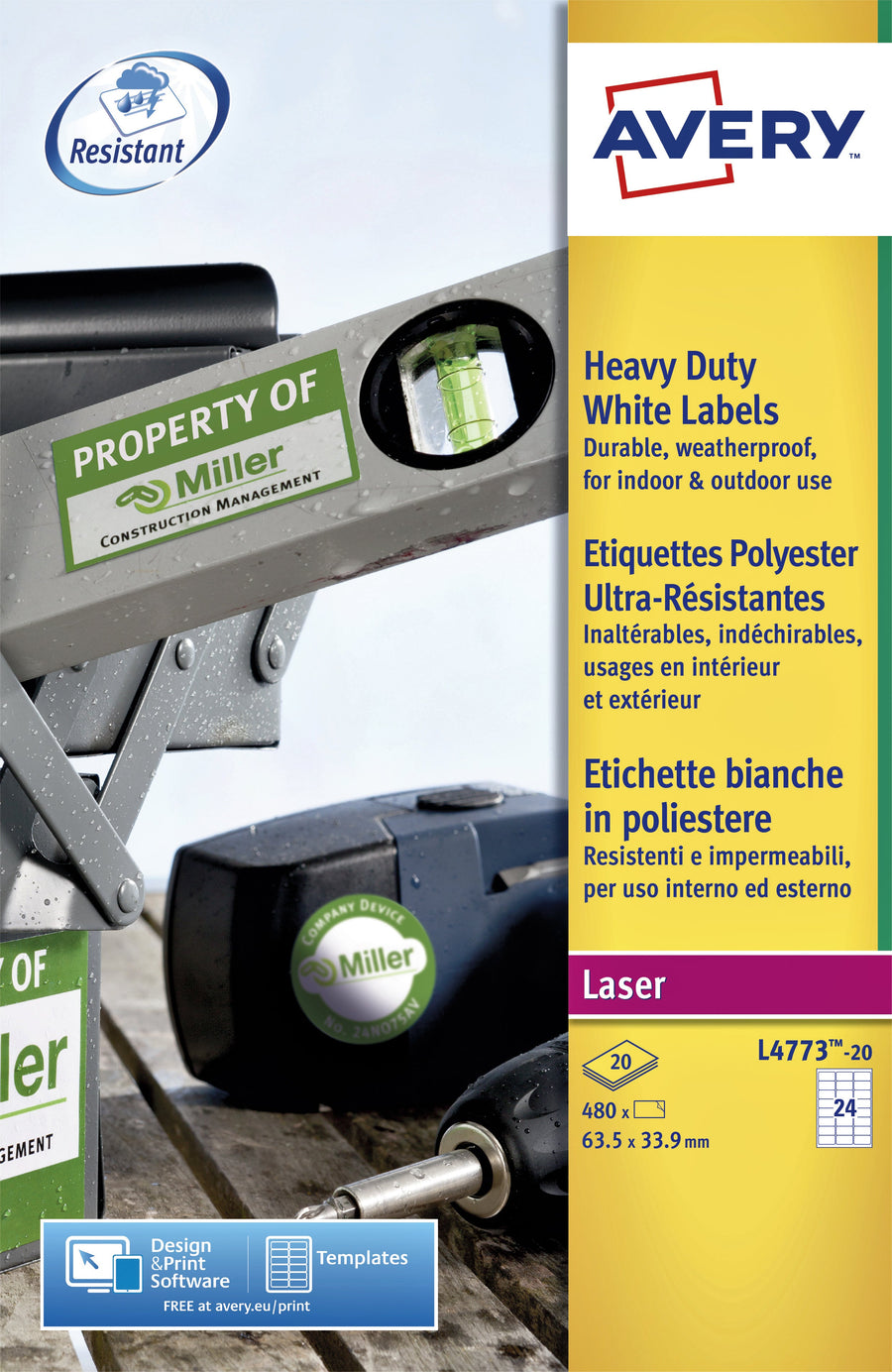 Etiket Avery L4773-20 63.5x33.9mm wit 480stuks