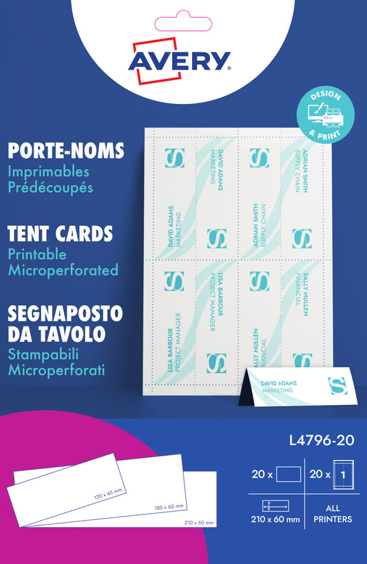 TENTKAART AVERY L4796-20 210X60MM WIT 20ST