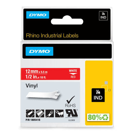Labeltape Dymo Rhino industrieel vinyl 12mm rood