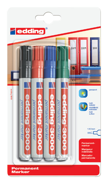 Viltstift edding 3000 rond 1.5-3mm blist4 assorti